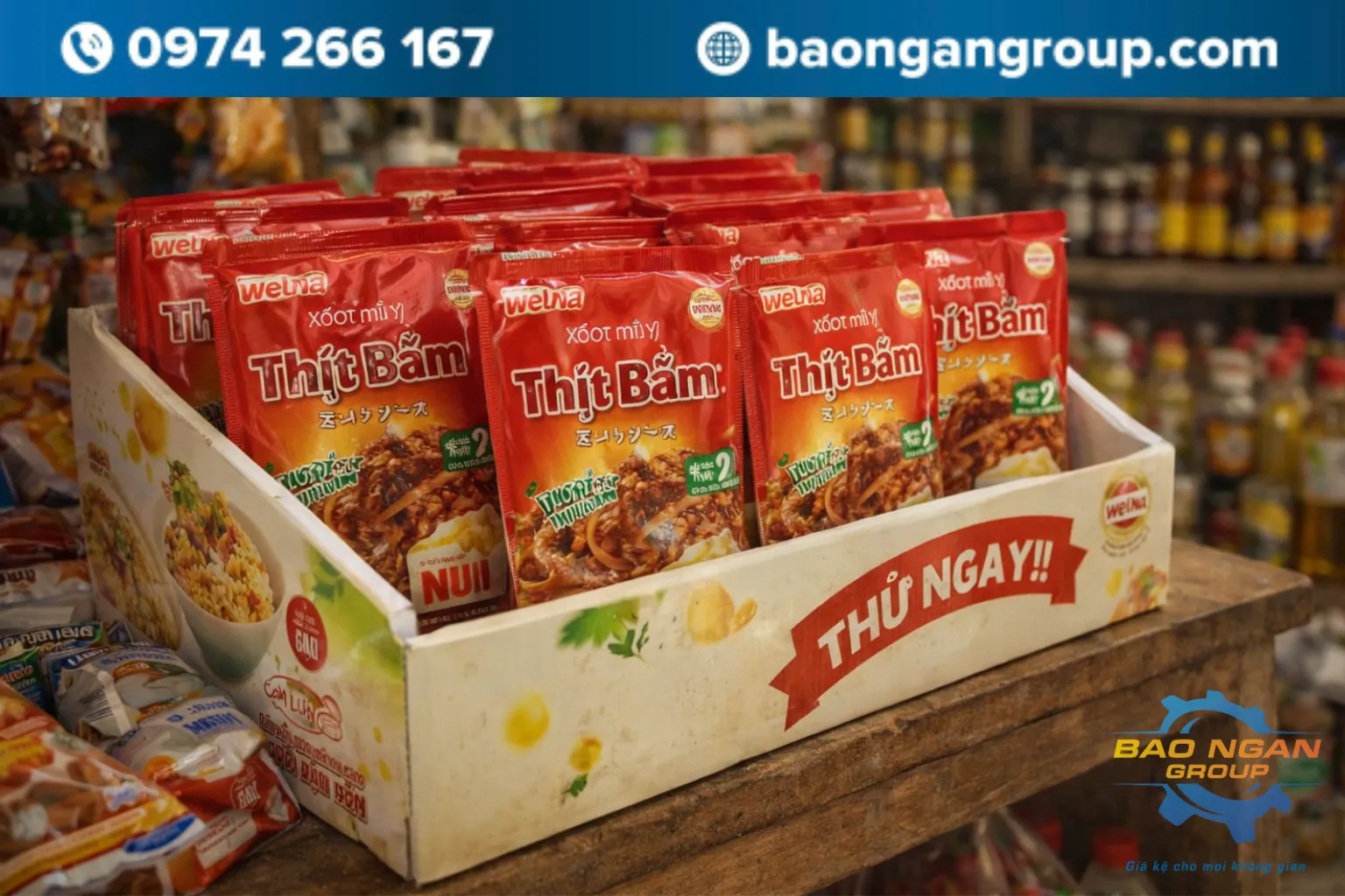 Kệ trưng bày gói gia vị xốt nấu cơm