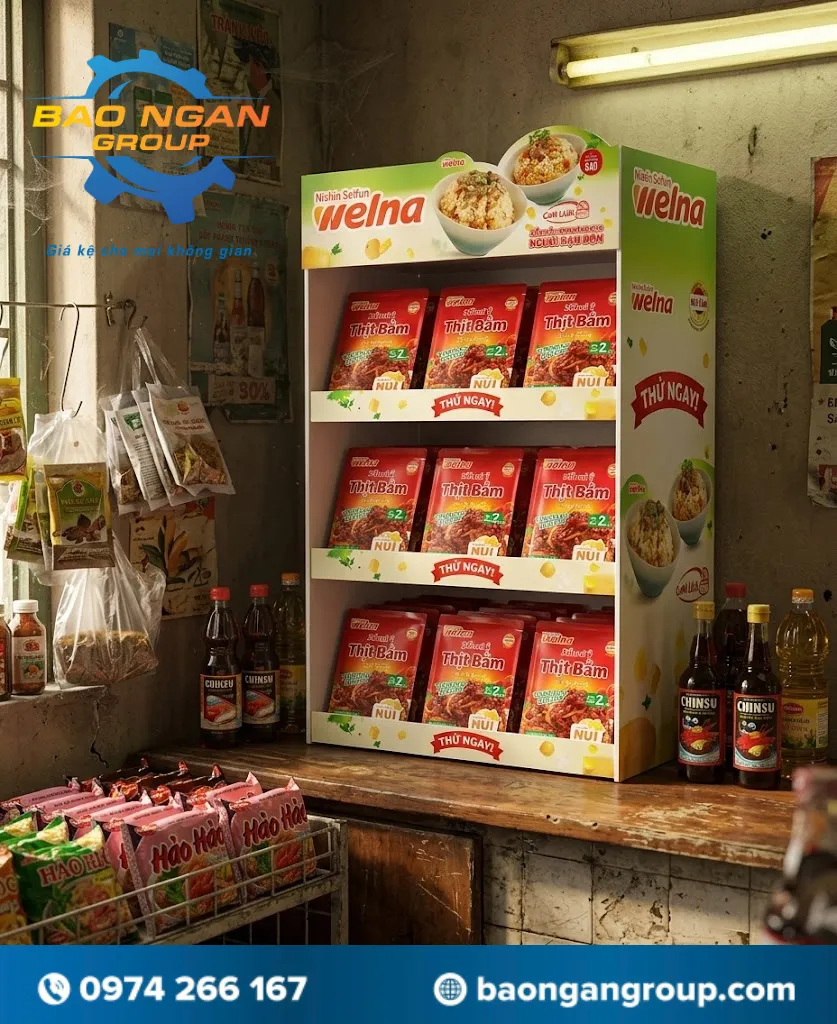 Kệ trưng bày gói gia vị chế biến sẵn bằng fomex