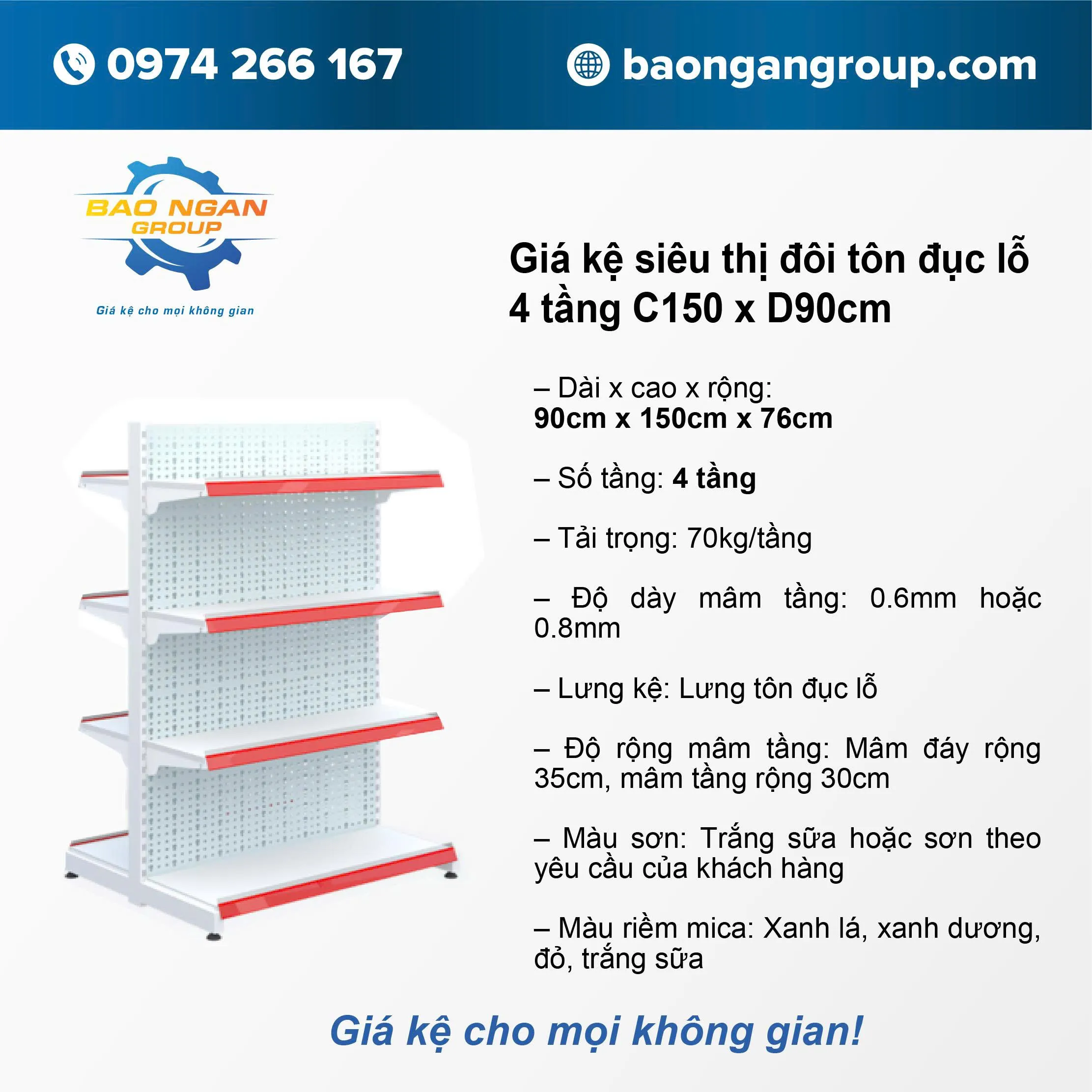 Kệ tôn đục lỗ 4 tầng Cao 150cm Dài 90cm
