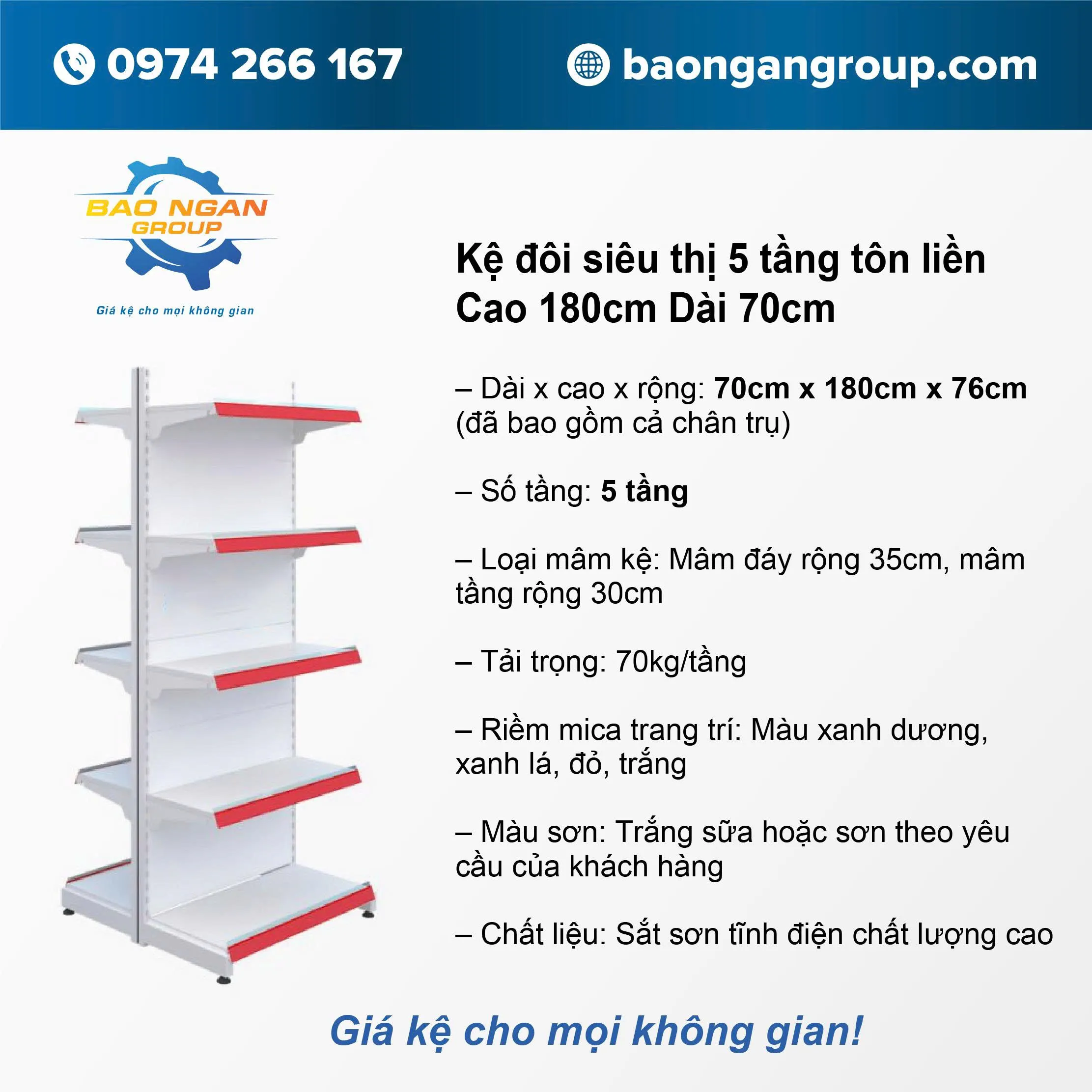 Kệ đôi siêu thị tôn liền 5 tầng Cao 180cm Dài 70cm